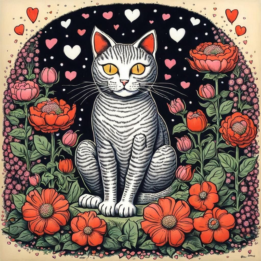 Cat Surrounded by Flowers in Cartoon Style