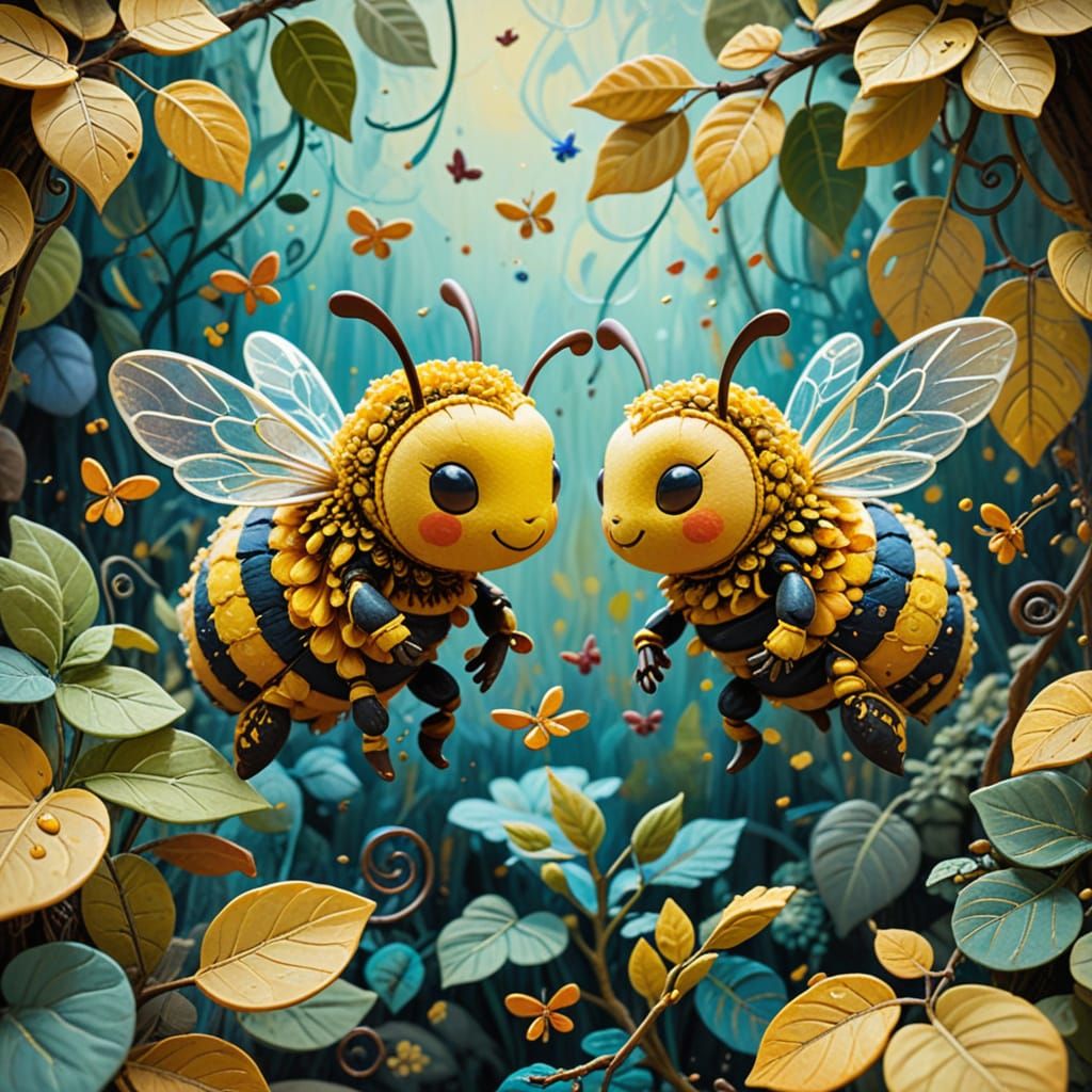 Chibi Honeybees in Whimsical Fabric Landscape