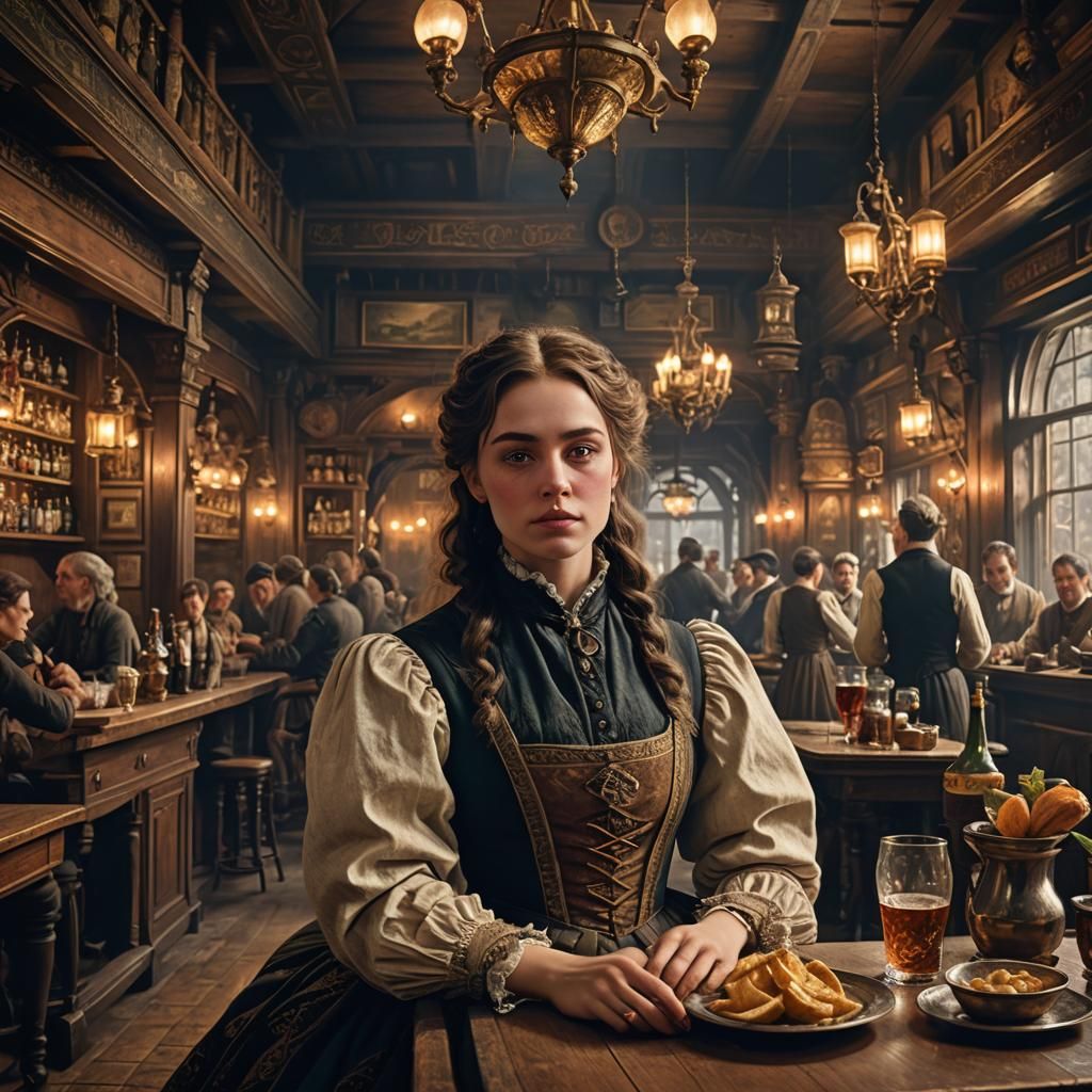 Victorian Era: Young Girl in Tavern, Digital Painting