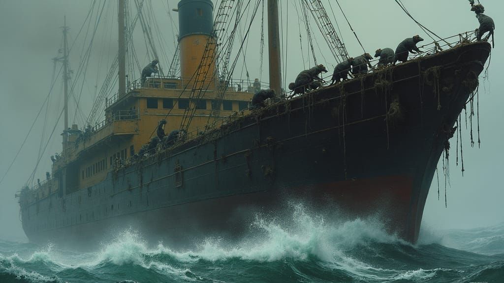 Rats Scramble on Doomed Ship in Dystopian Art