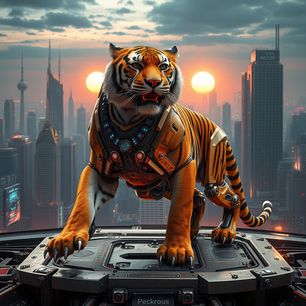 Cybernetic Tiger Roars in Futuristic Metropolis