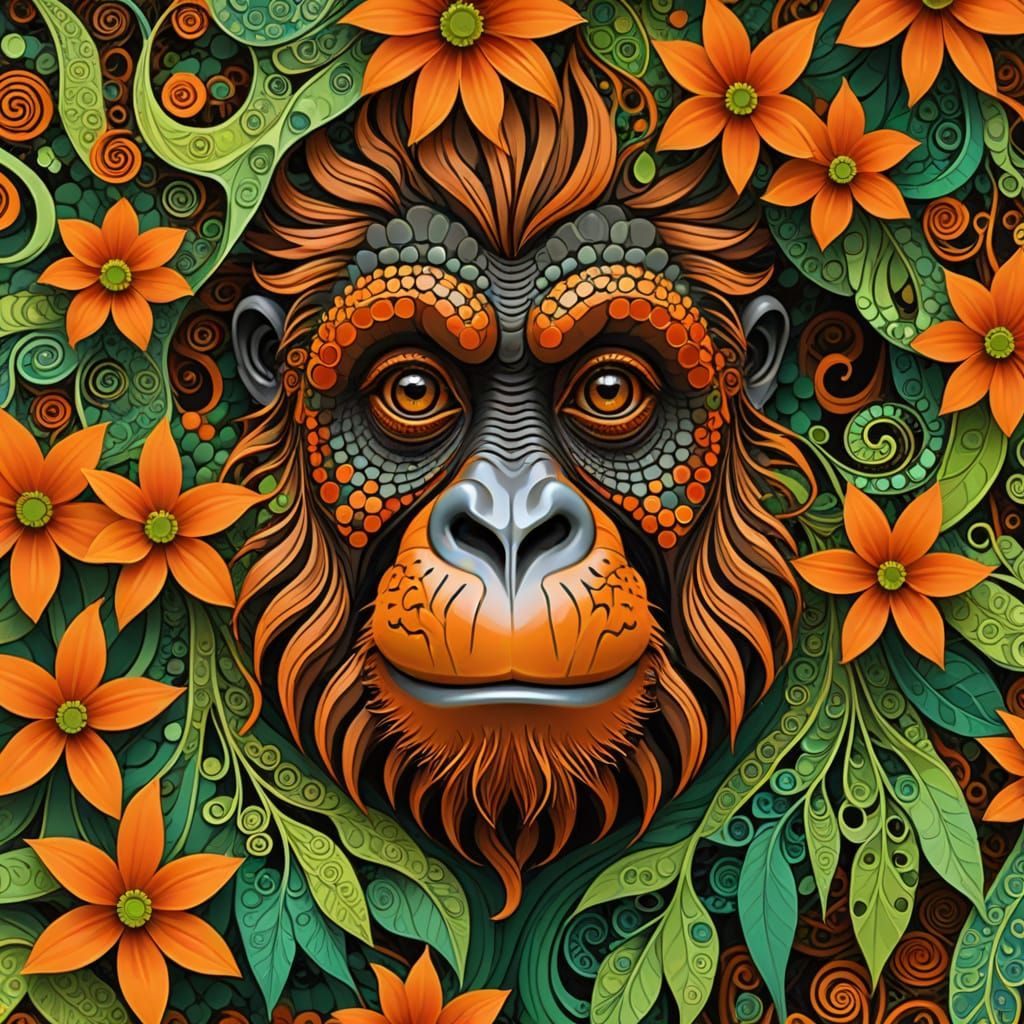 Psychedelic Orangutan Face Amidst Abstract Forest