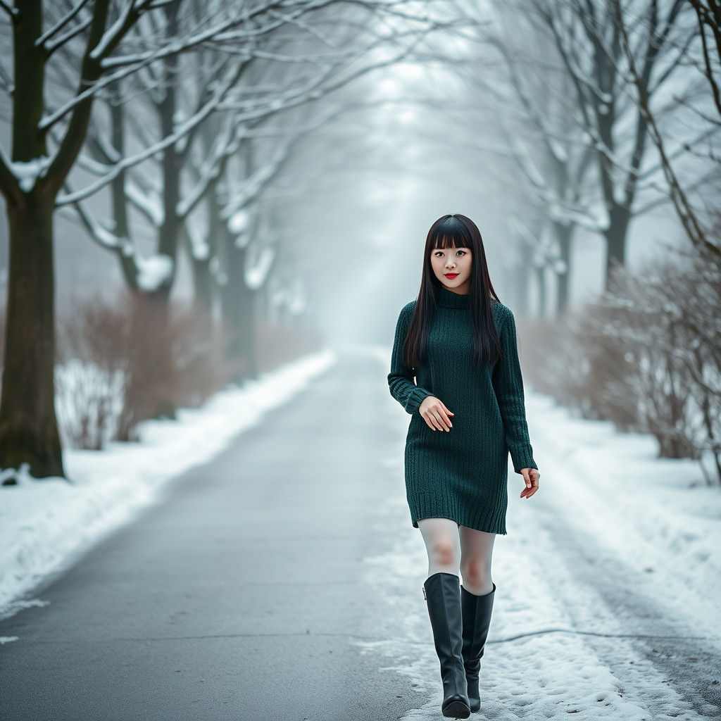 Winter Walk: Hyperrealistic Japanese Woman in the Snow