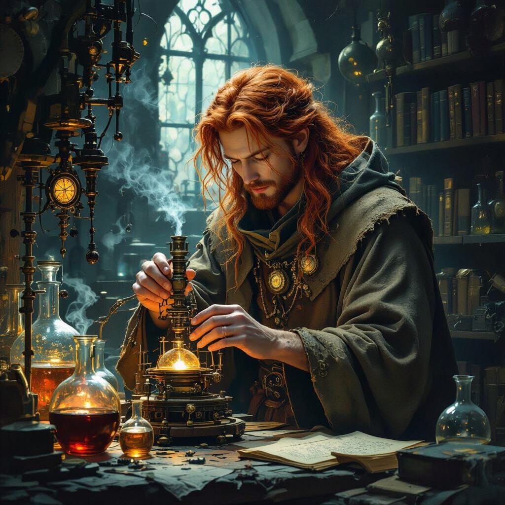 Alchemist in Gothic Laboratory as Pre-Raphaelite Painting