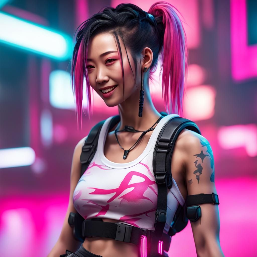 Smiling Cyberpunk Girl Rollerblading in Neon City