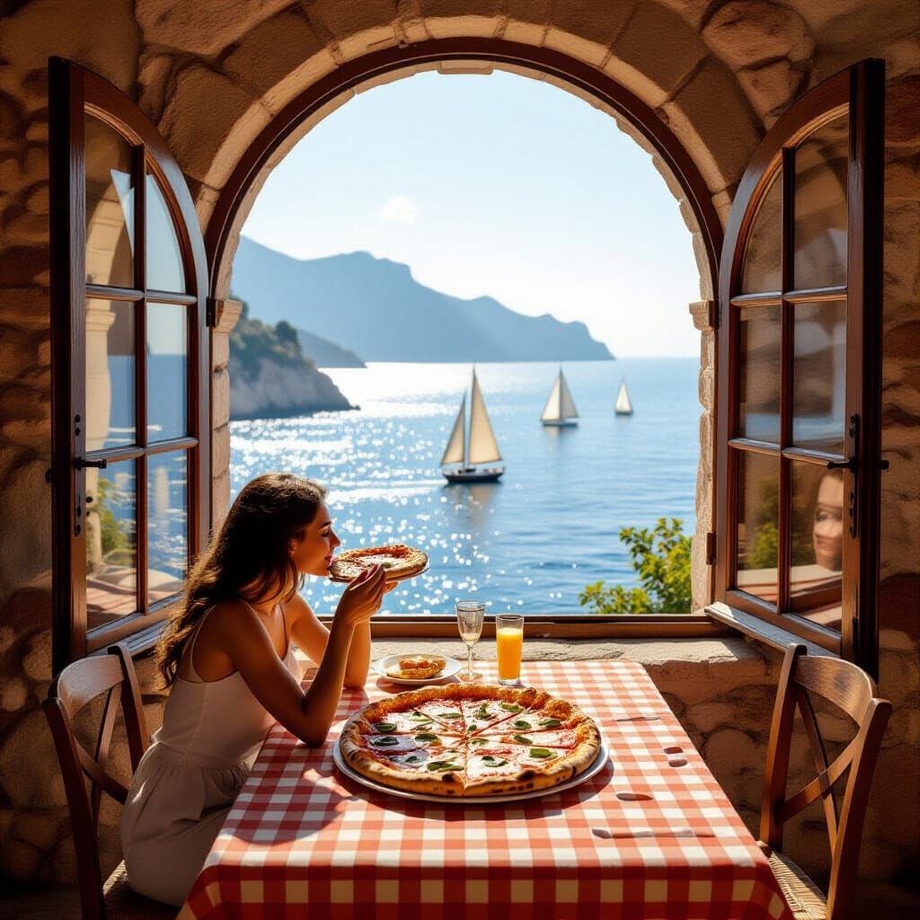Italian Villa View with Pizza, Impressionistic Style