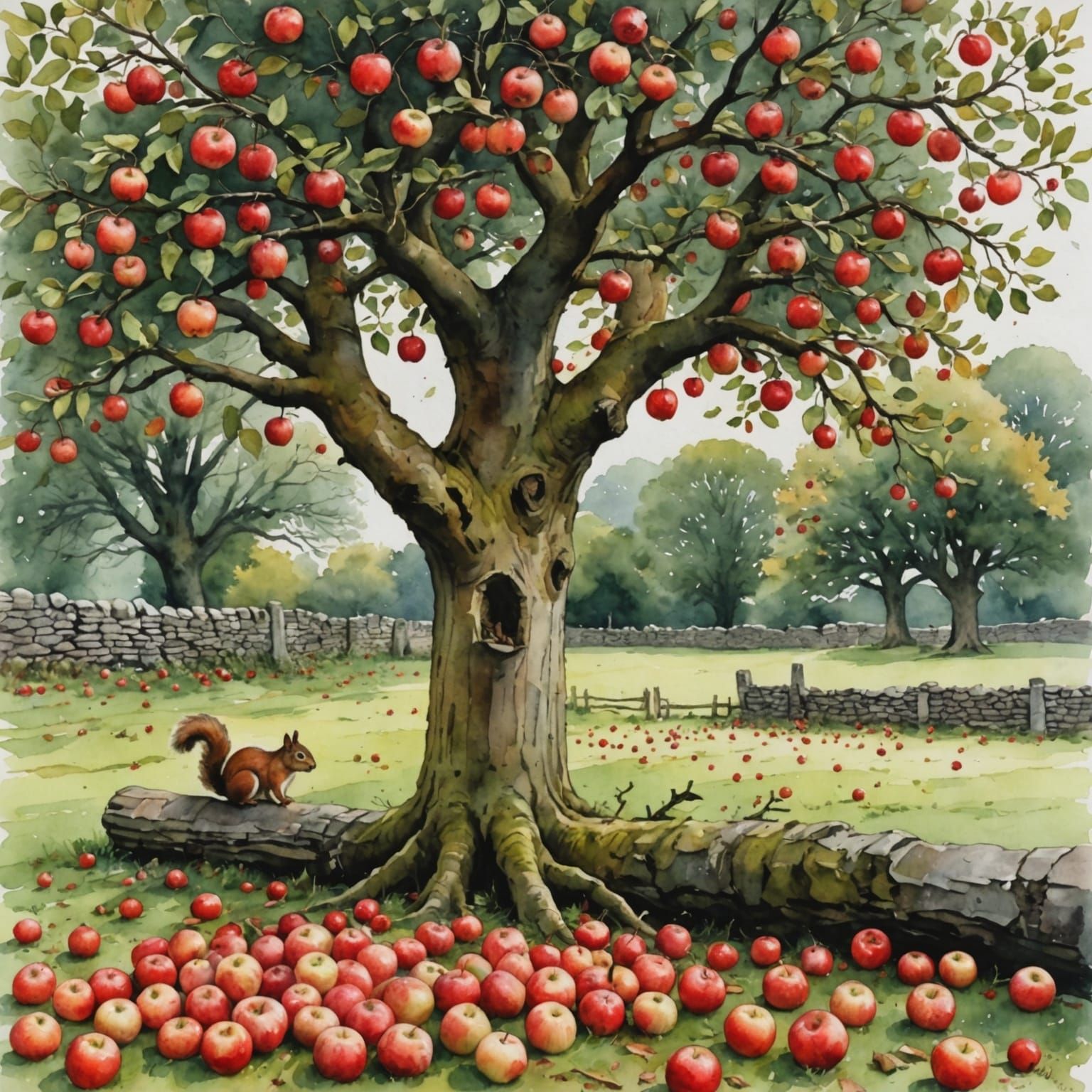 Apple Tree With Squirrel Eating Fallen Fruit Splashy Waterco...