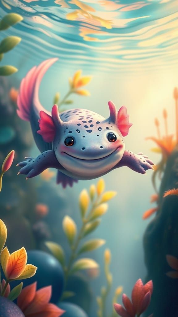 Enchanted Axolotl in Miyazaki-Inspired Watercolor Wonderland