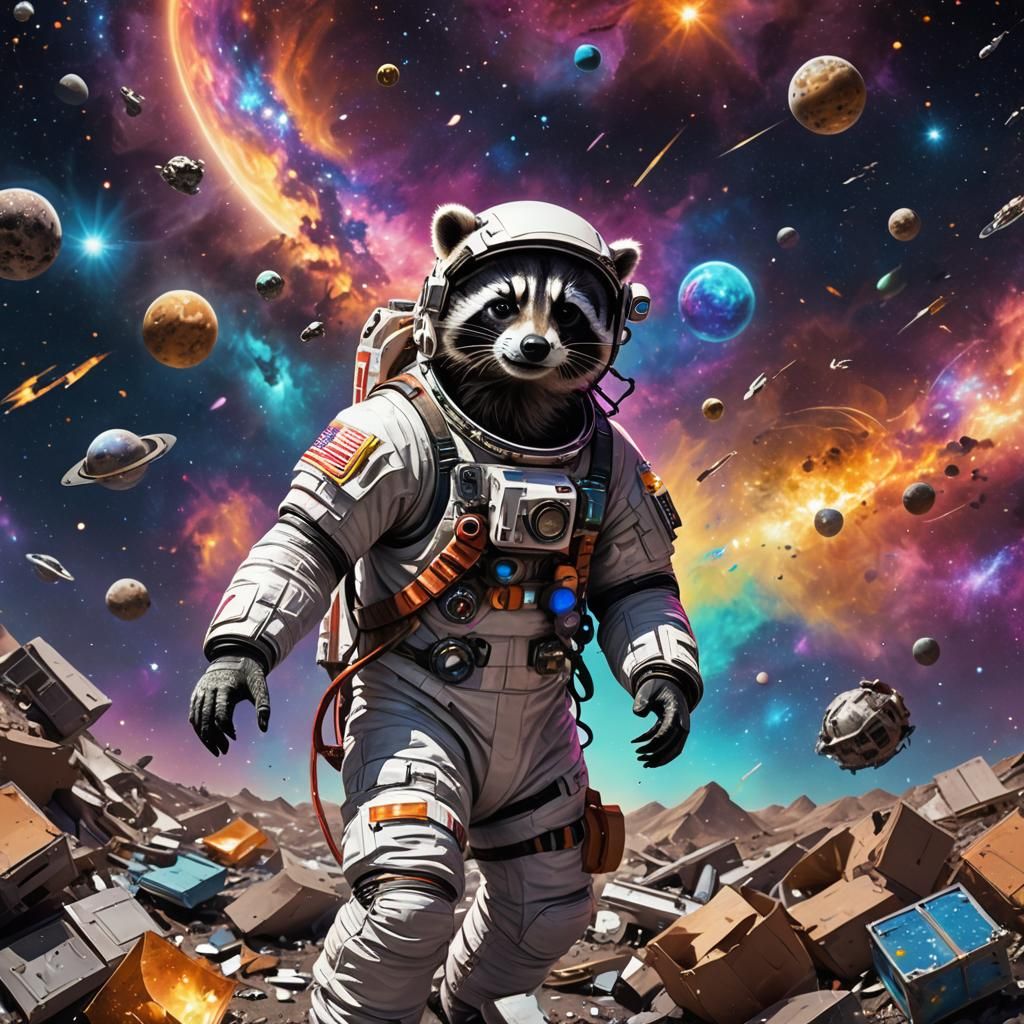 Astral Raccoon Searches Sky: Hyperrealistic Splash Art