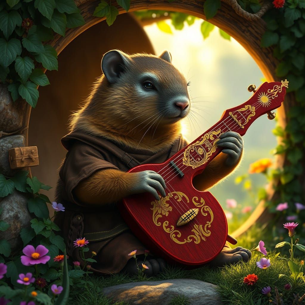 Serene Alpine Marmot Plays Golden Hurdy Gurdy in Cozy Hobbit...