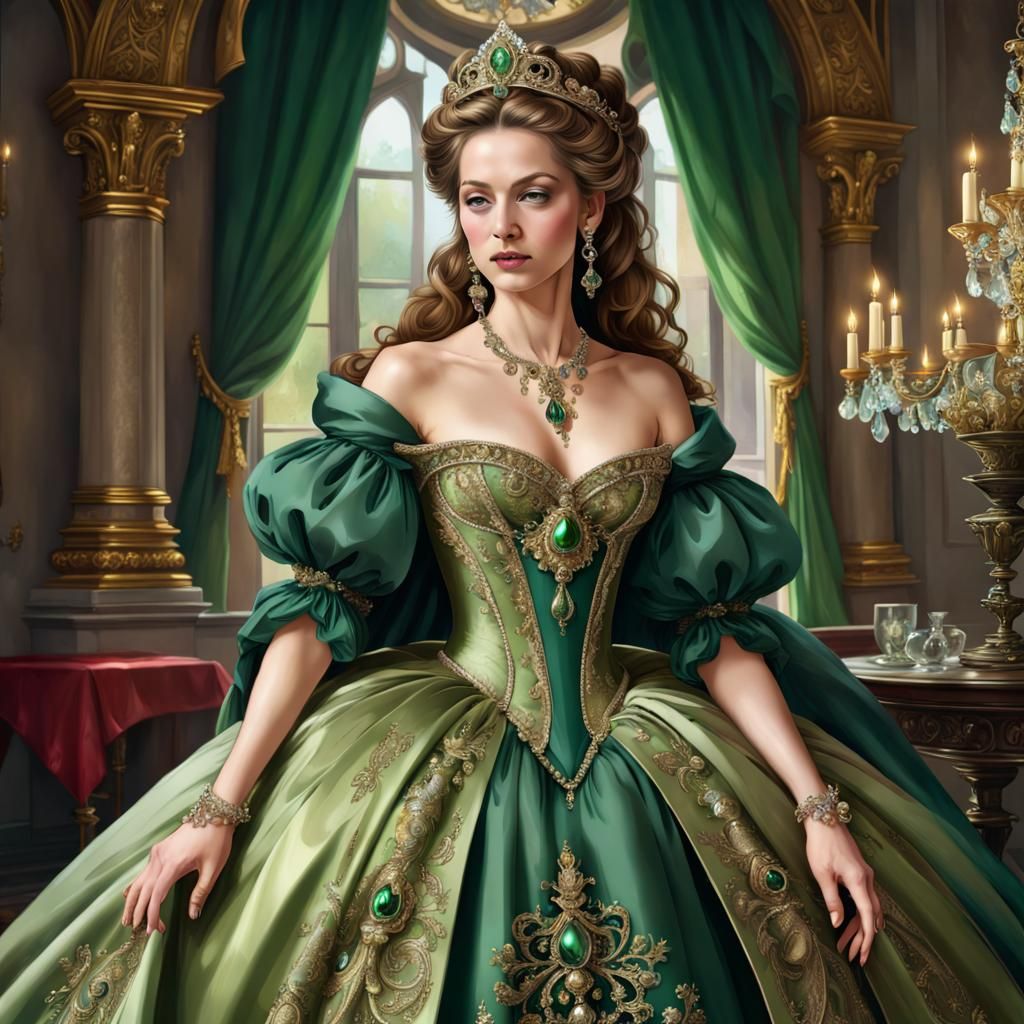 Renaissance Queen in Vibrant Pickle Green Ballgown