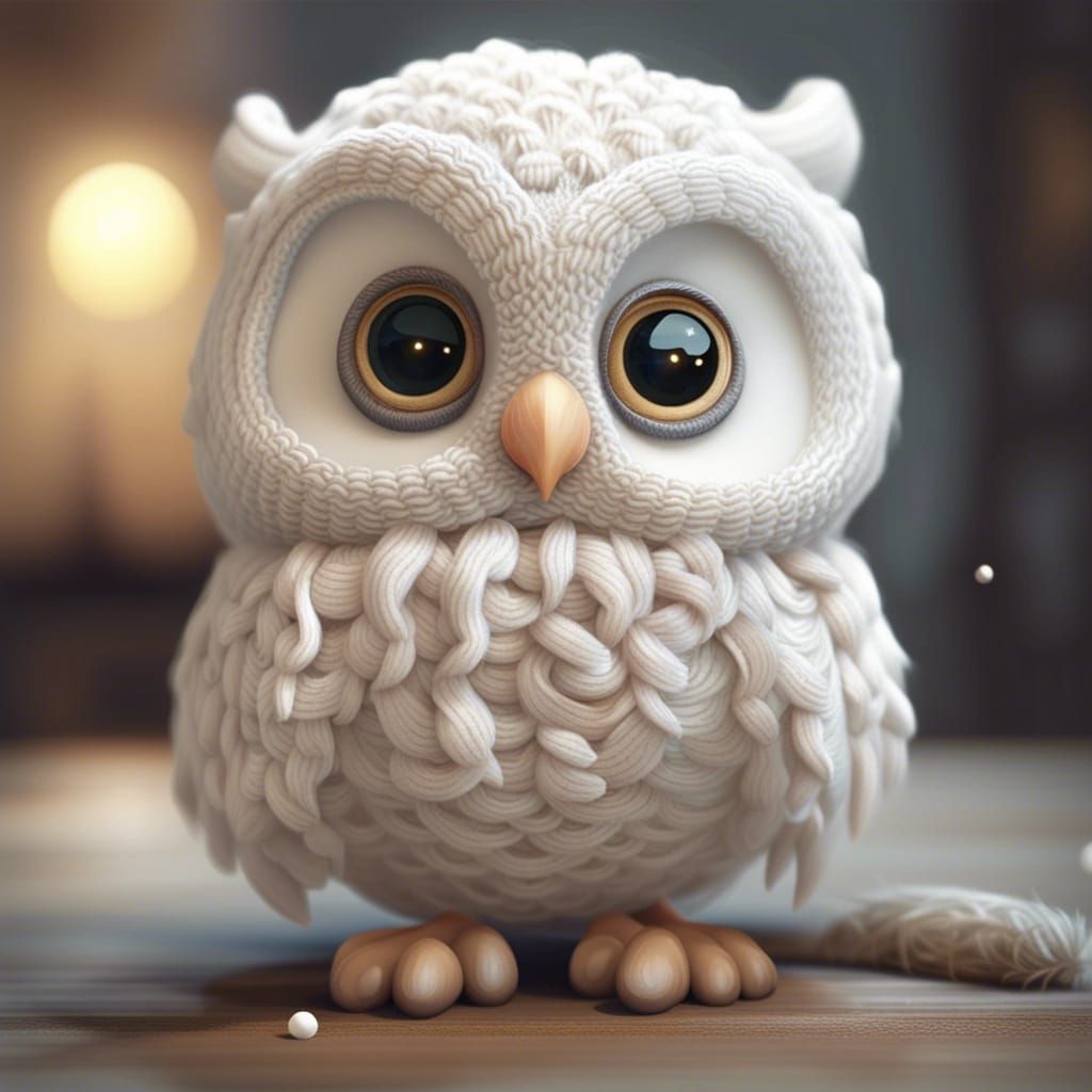 cute fluffy tiny white baby knitted yarn owl!!! Big beautiful eyes!!