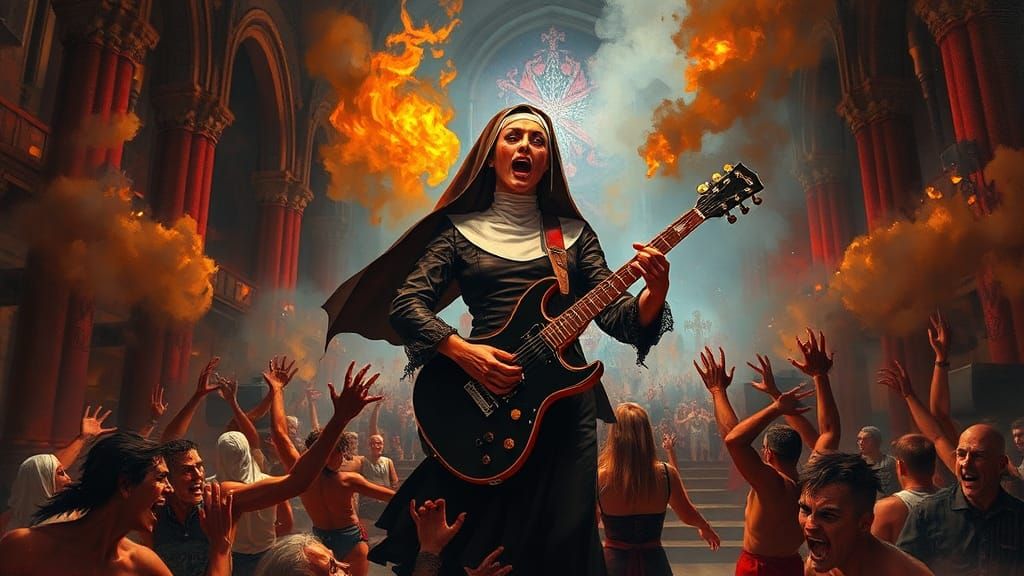 Hell-Raising Nun Rock Concert in Cathedral, Oil Painting
