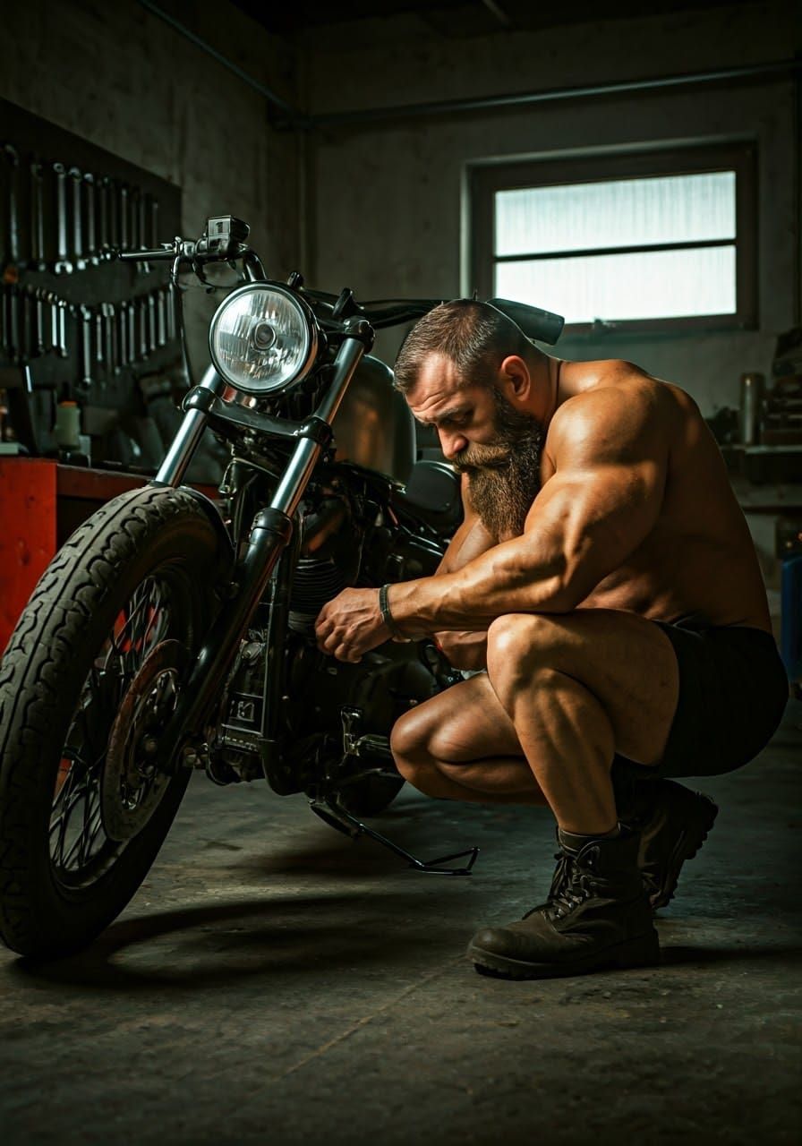 Bodybuilder in Intimate Bond with Custom Motorbike