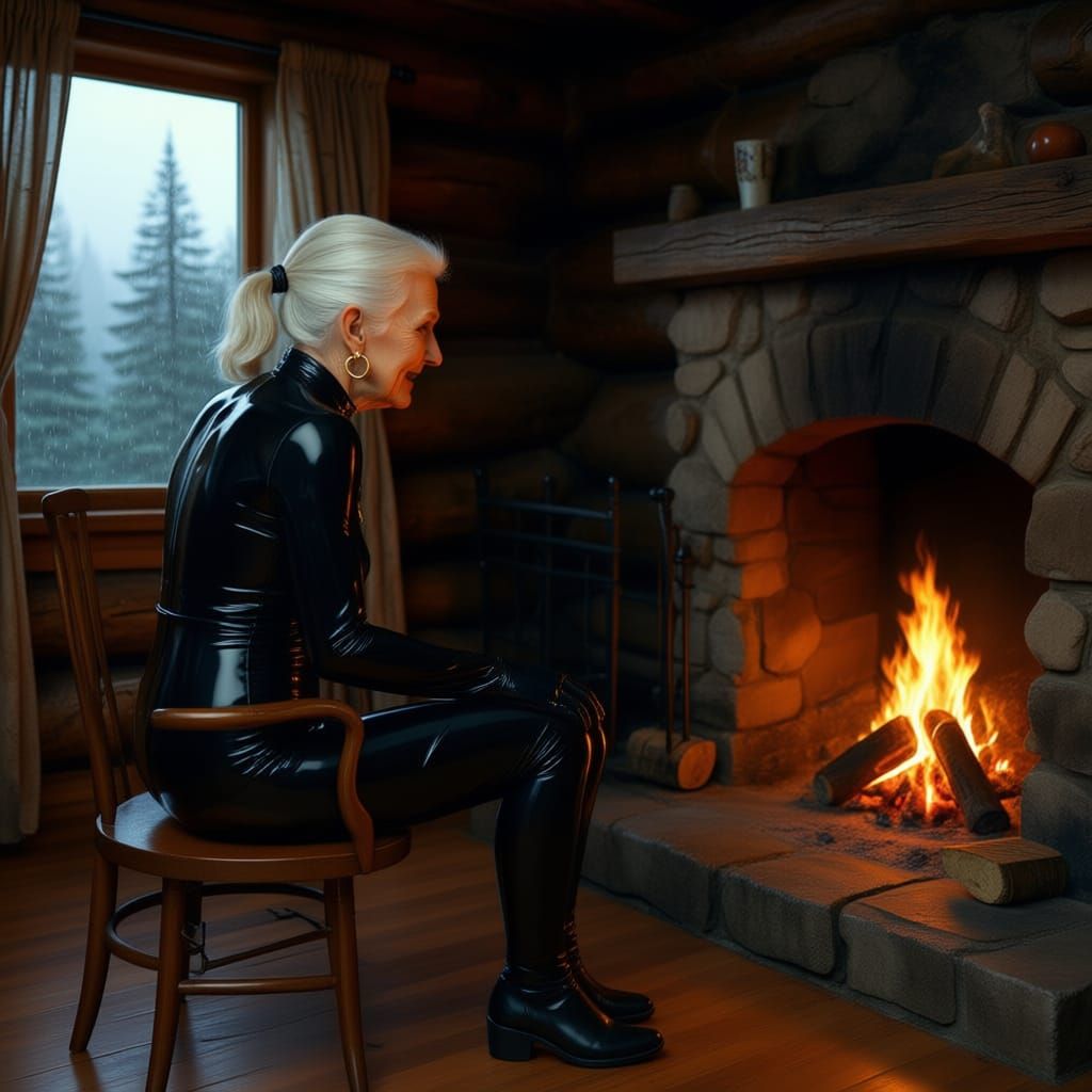 Elegant Woman in PVC Catsuit Stokes Fireplace