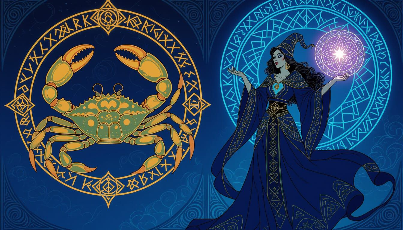 Celestial Crab Sign & Rune Sorceress in Fantasy Art Style