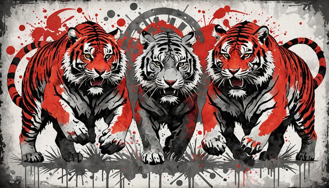 Chaotic Asian Tigers in Stencil Art