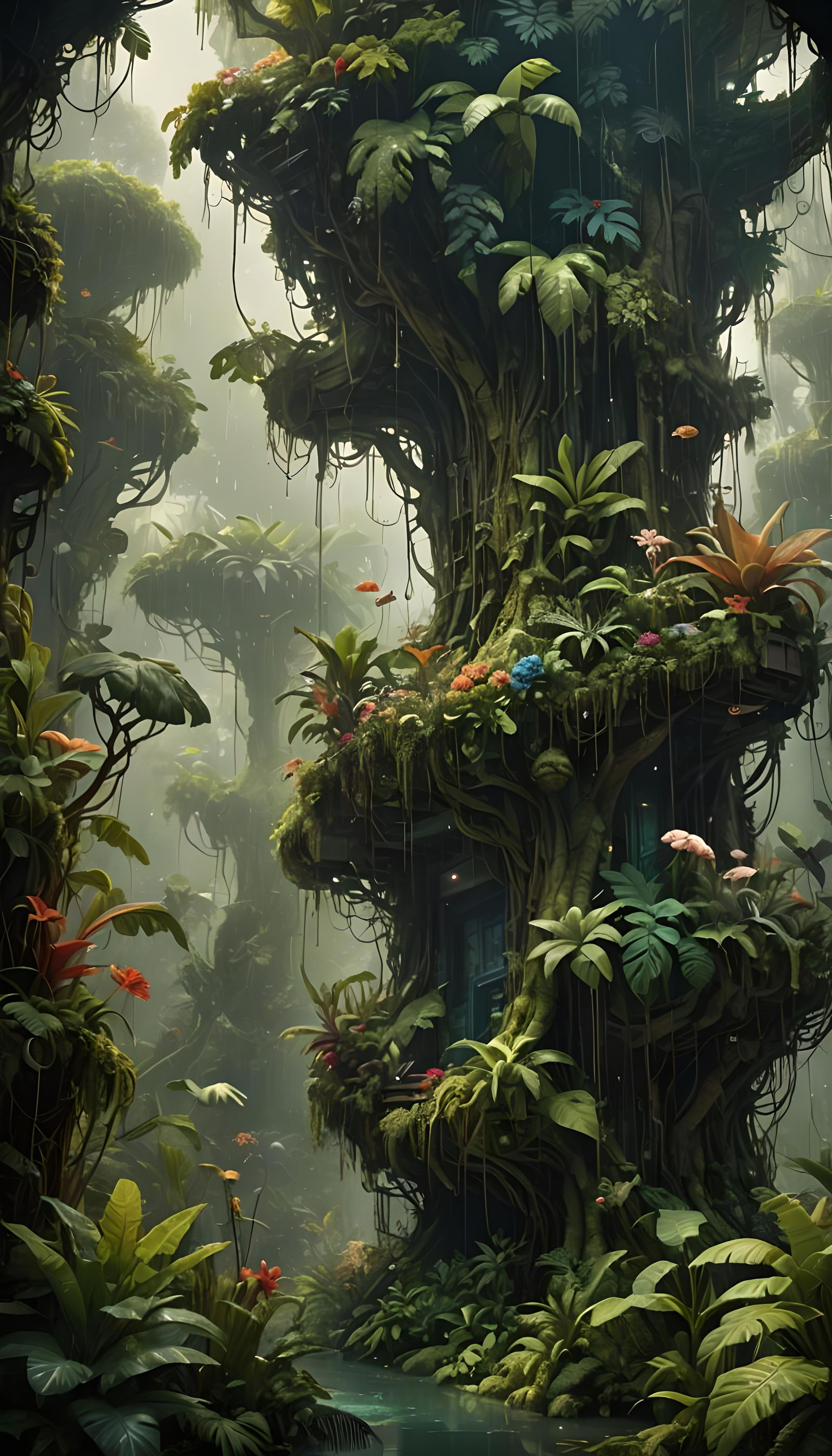 Lush Rainforest Scene in Maximalist Digital Painting
