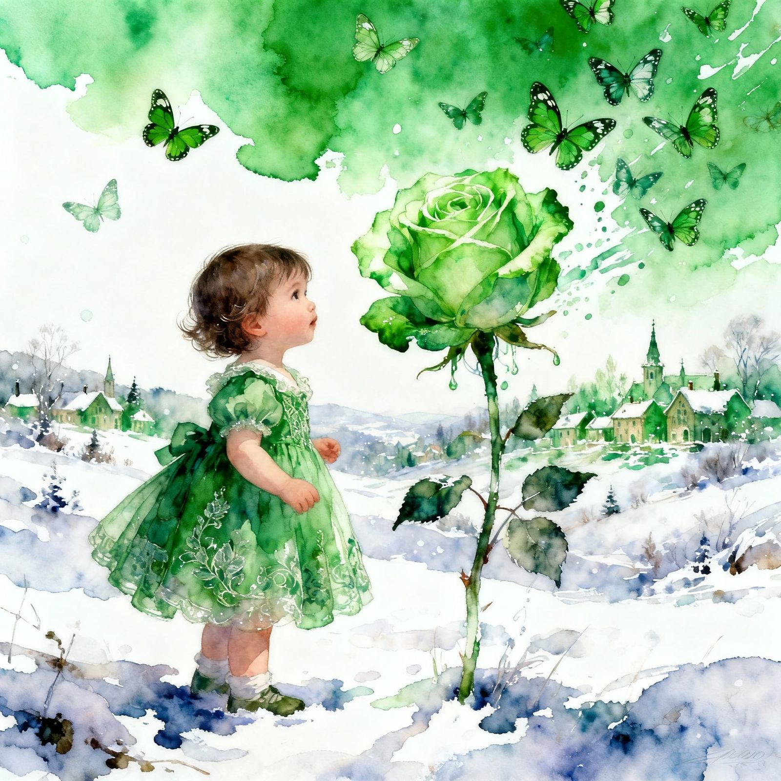 Toddler in Green Dress Amidst Futuristic Winter Bloom