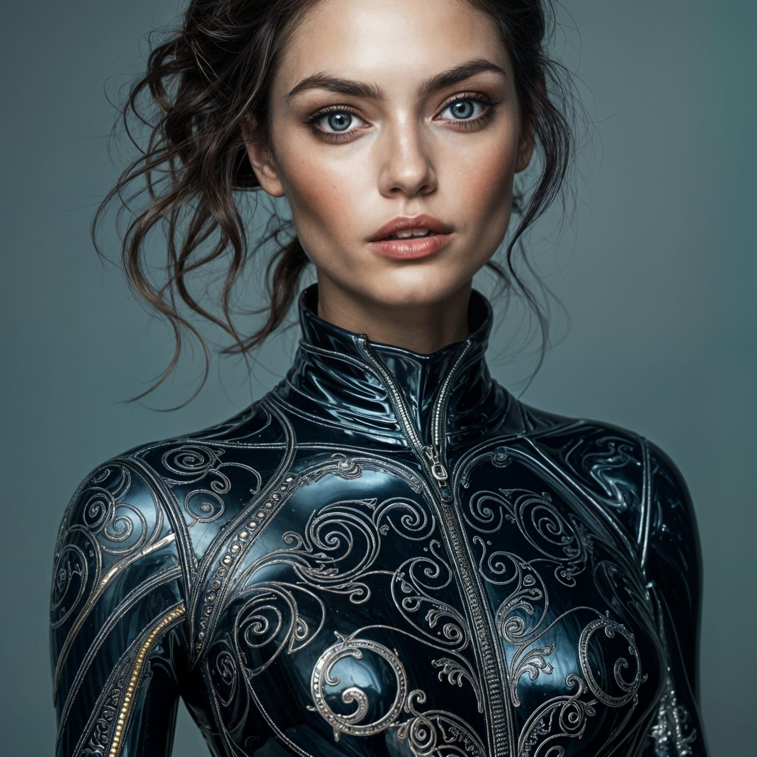 Sensual Hyperrealistic Woman in Latex Bodysuit