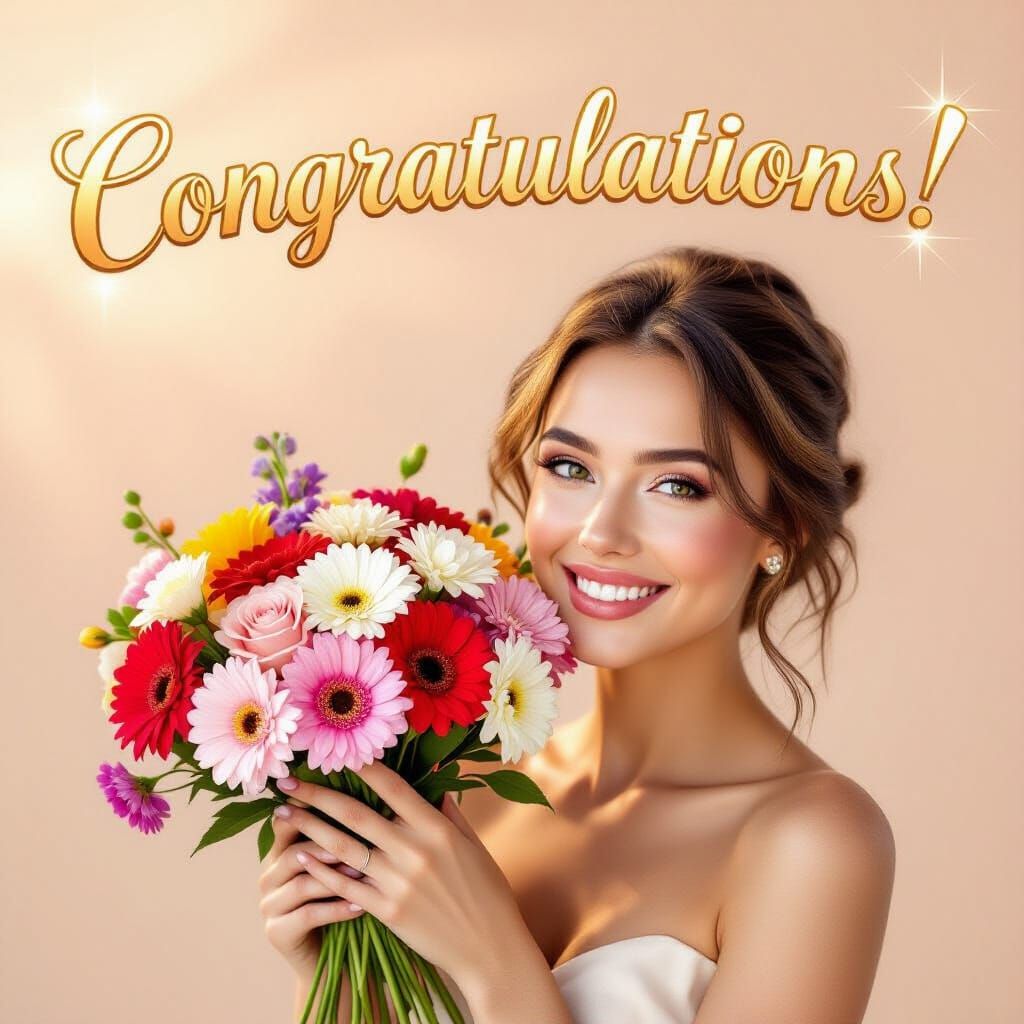 Beautiful Woman Offers Flowers With "CONGRATULATIONS!" Text