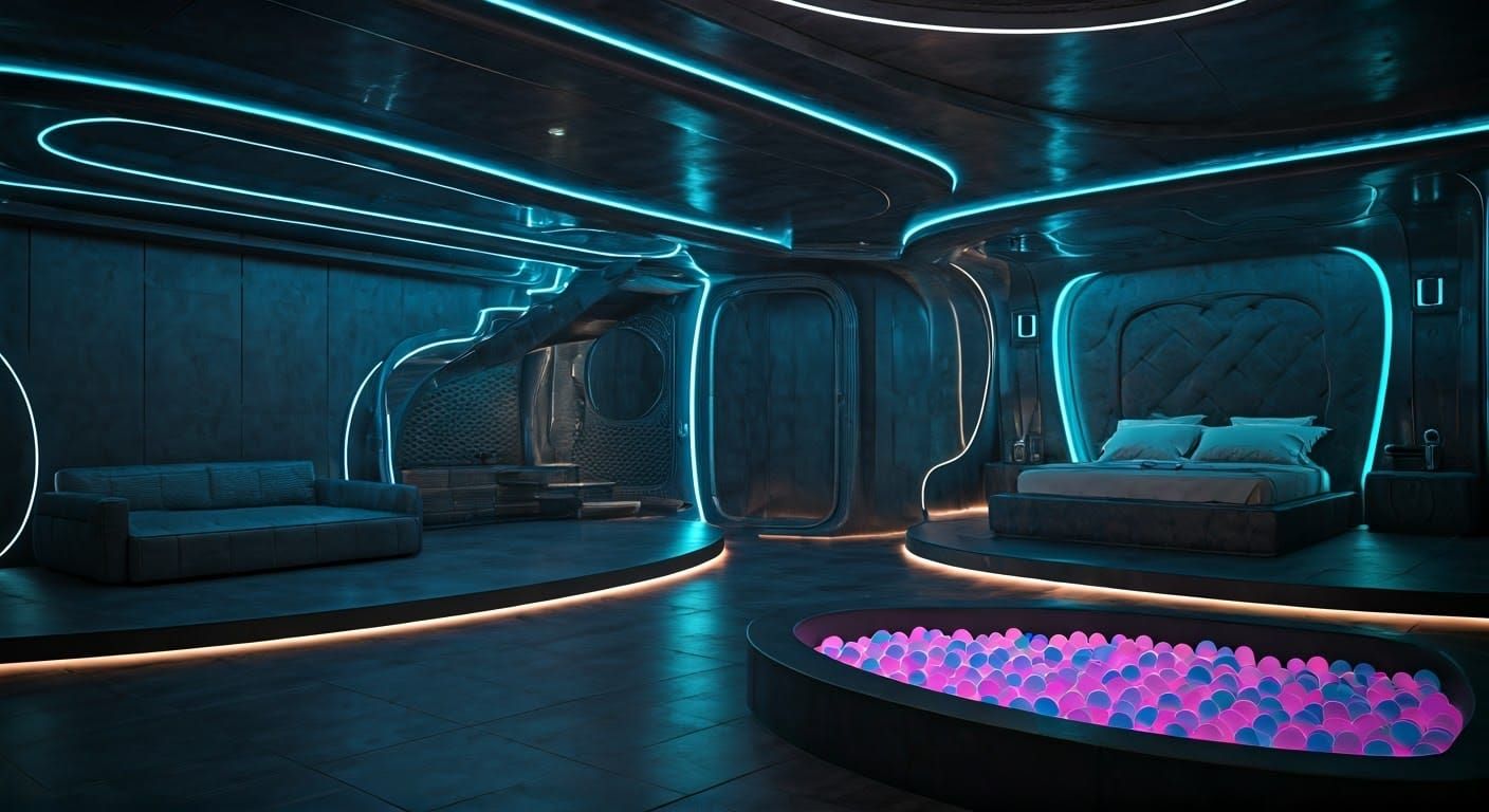 Futuristic Neon Bedroom with Dynamic Stairway, Professional ...