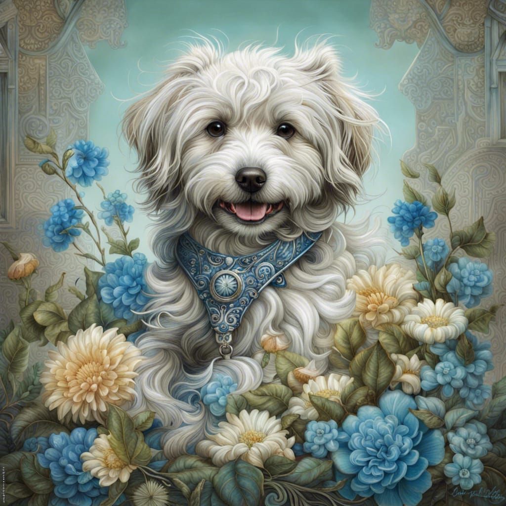 An ornate and intricately detailed drawn happy cute playful dog, wild background, flowers made of jade :: silver and blu...