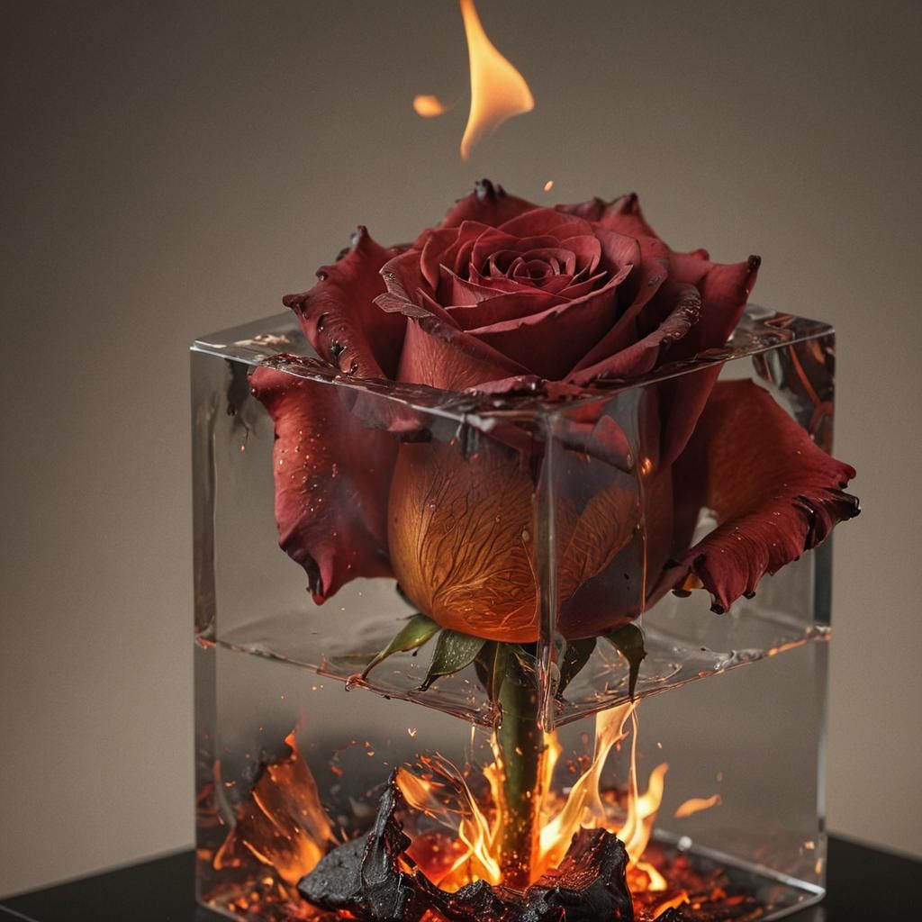 Fiery Rose Breaking Through Burning Cube