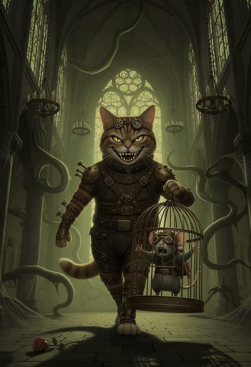 Steampunk Cat Holds Mouse in Gothic Dream Room