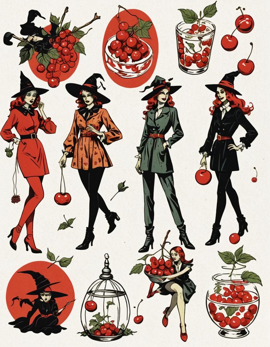 Retro Illustration: Girls in Witchy Clothes Eating Cherry