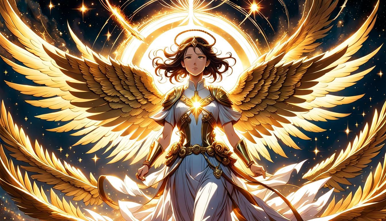 Gilded Angel in Exploding Cosmos, Hyperrealistic Comic Art