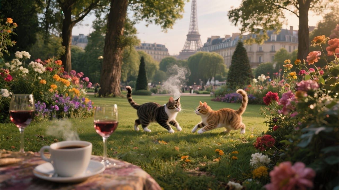 Whimsical Cats in Parisian Park, Film Still