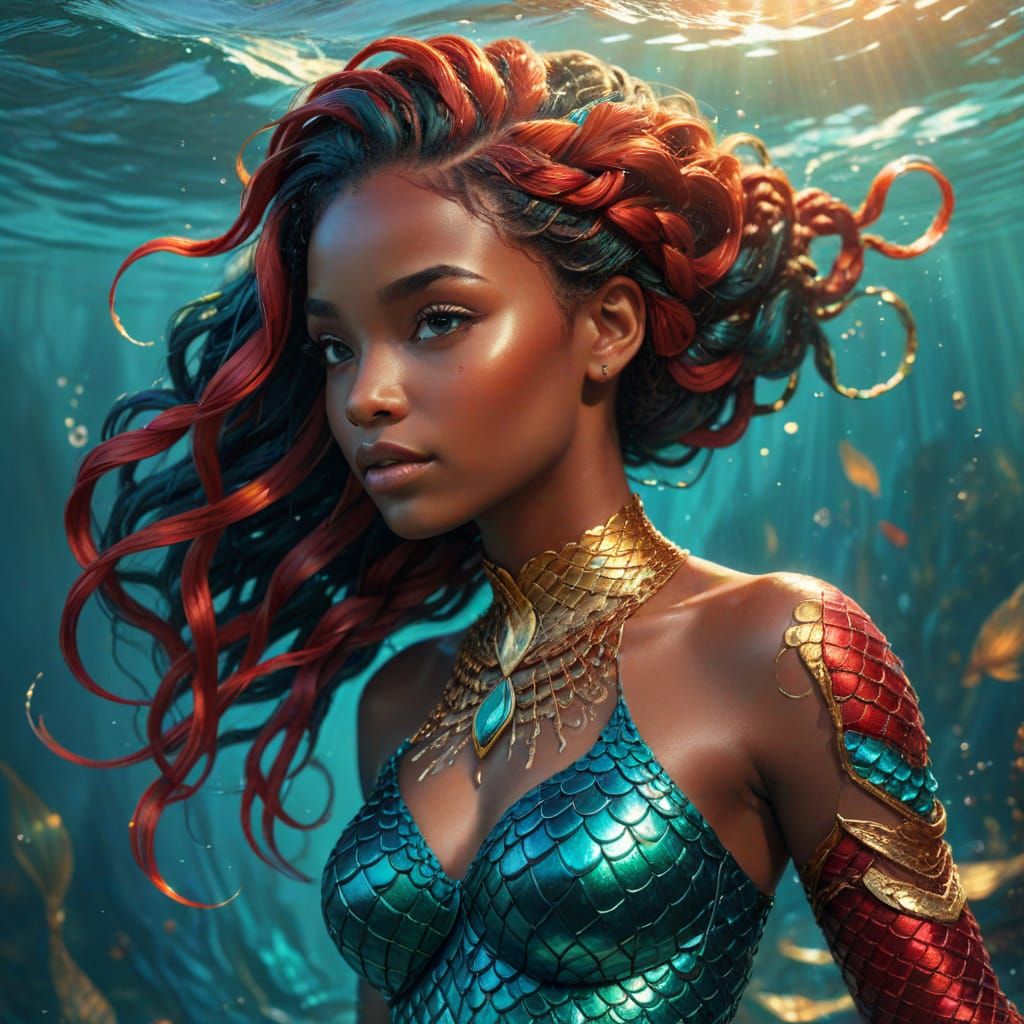 Nubian Mermaid with Red Hair in Fantasy Art