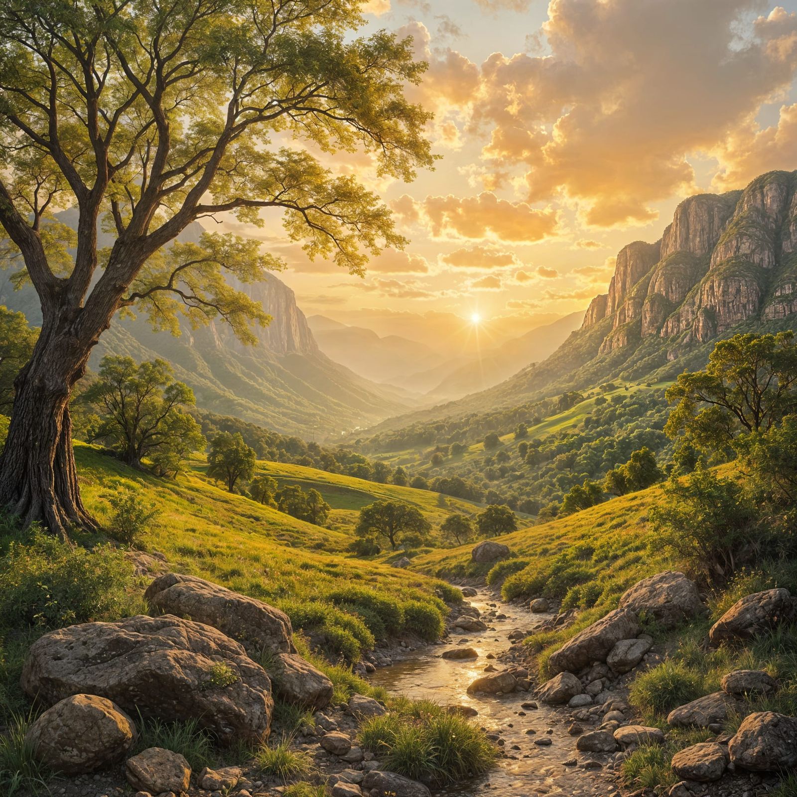 Lush Golden Eastern Landscape Painting