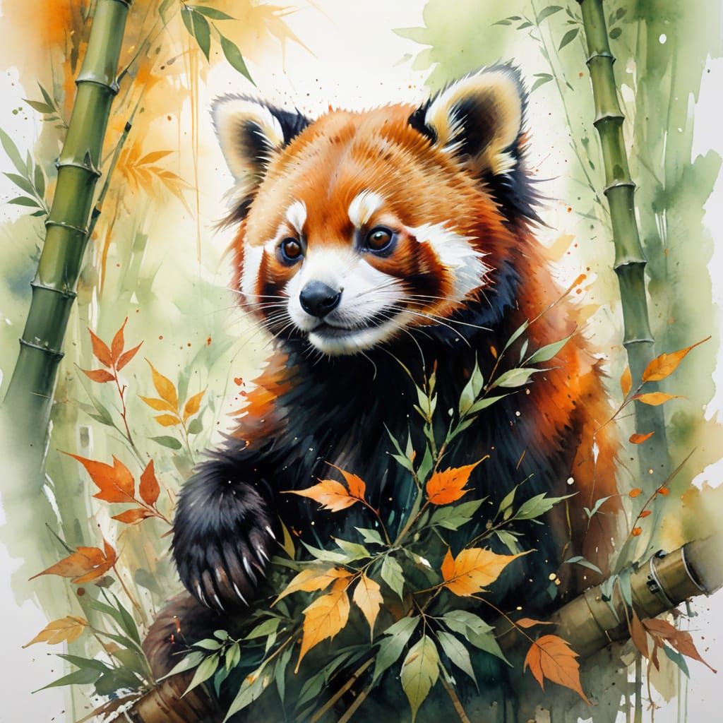 Red Panda in Autumn Watercolor Bamboo Grove