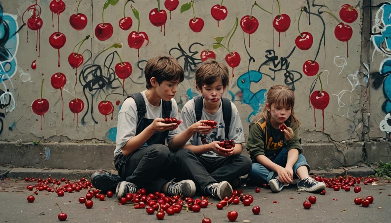 Children Eating Cherries in Dramatic Graffiti Art Style