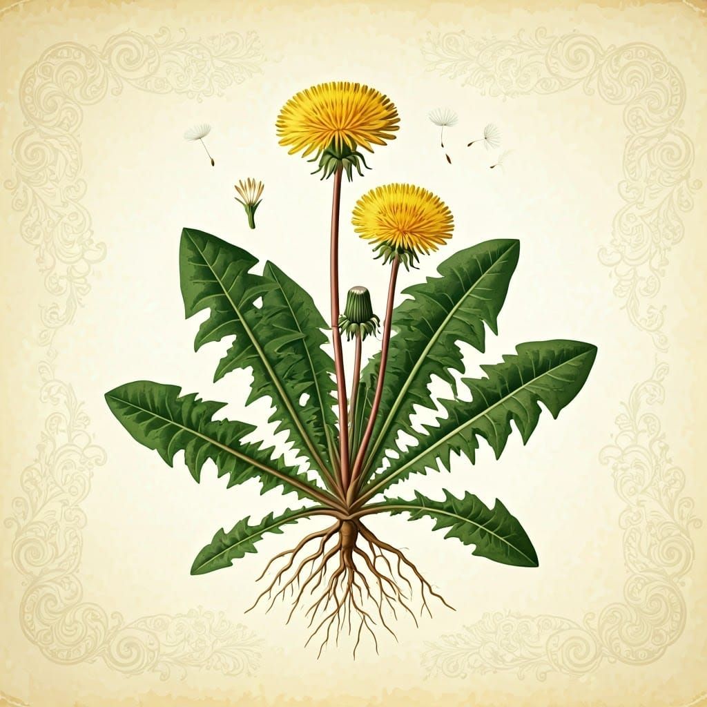 Romanticized Botanical Illustration of Common Dandelion