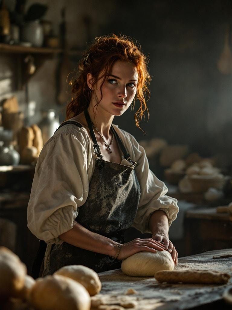 Redhead Baker in Kitchen with Flour