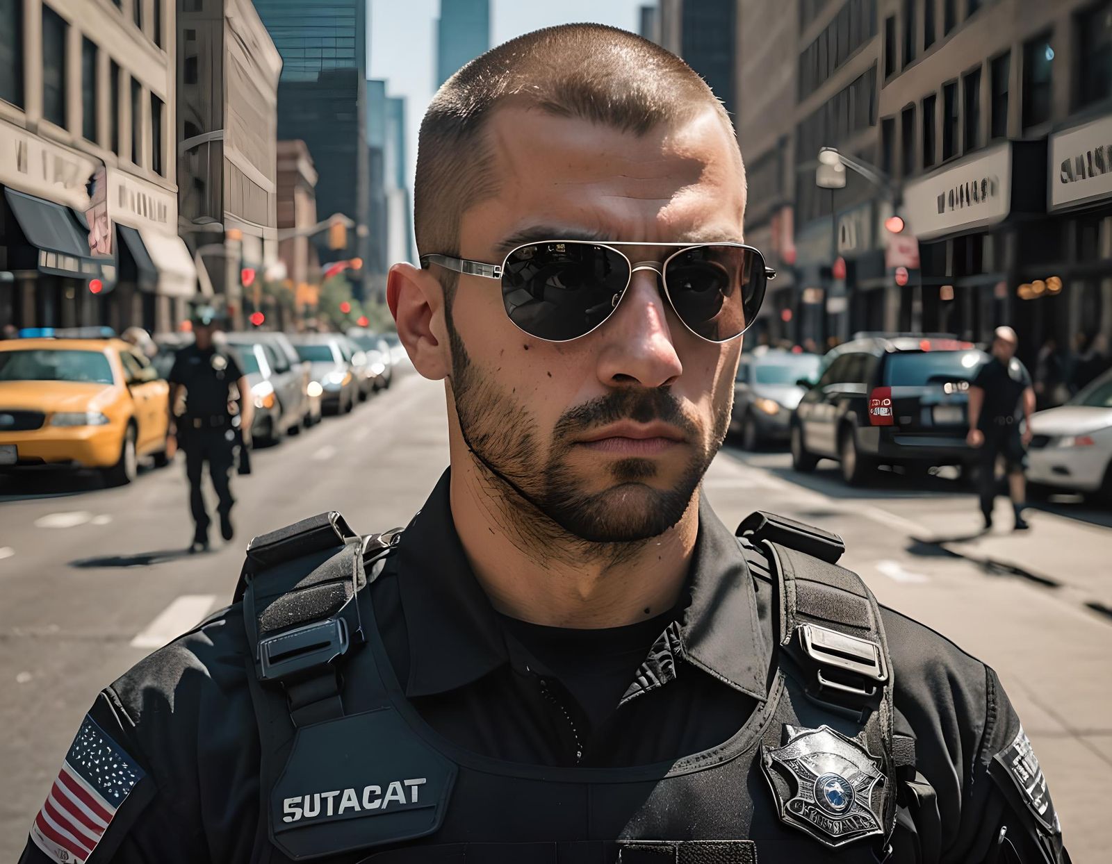 Young SWAT Officer Intently Staring in Chicago