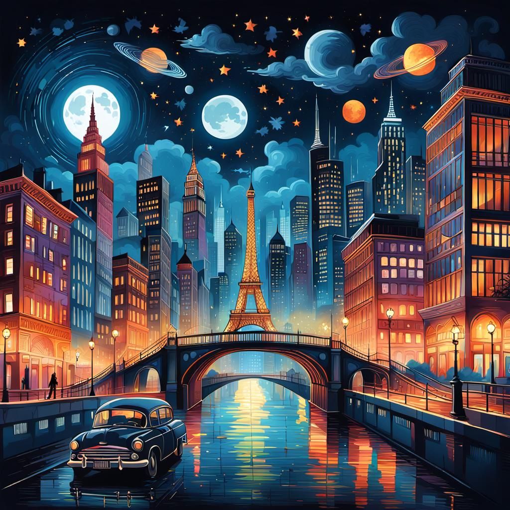 Night City Lights over Iconic Landmarks