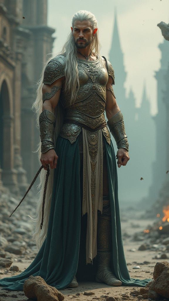 Ethereal Ancient Elf Warrior Stands Tall in Ruined Cityscape