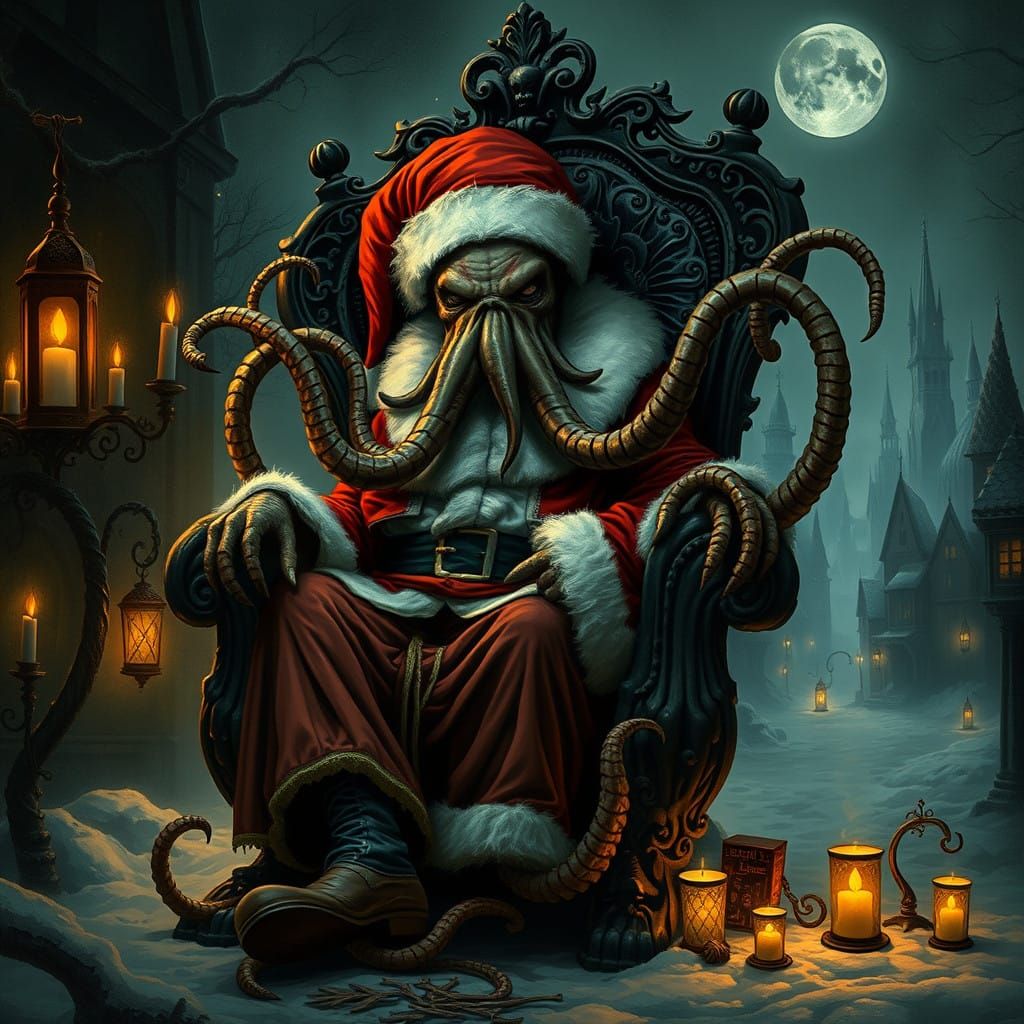 Grotesque Cthulhu in Victorian Santa Claus Attire Seated in...