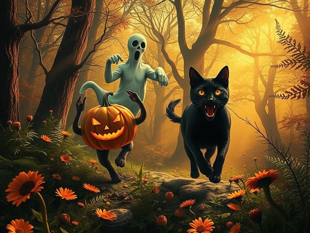 Ghost Cats in Mystical Gothic Autumn Forest