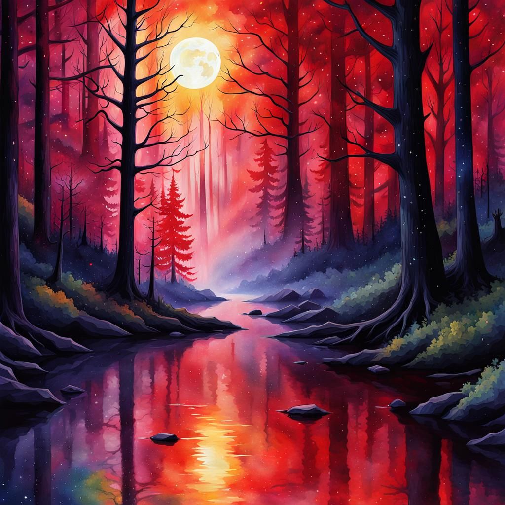 Sinister Forest with Blood Moon in Watercolor Style