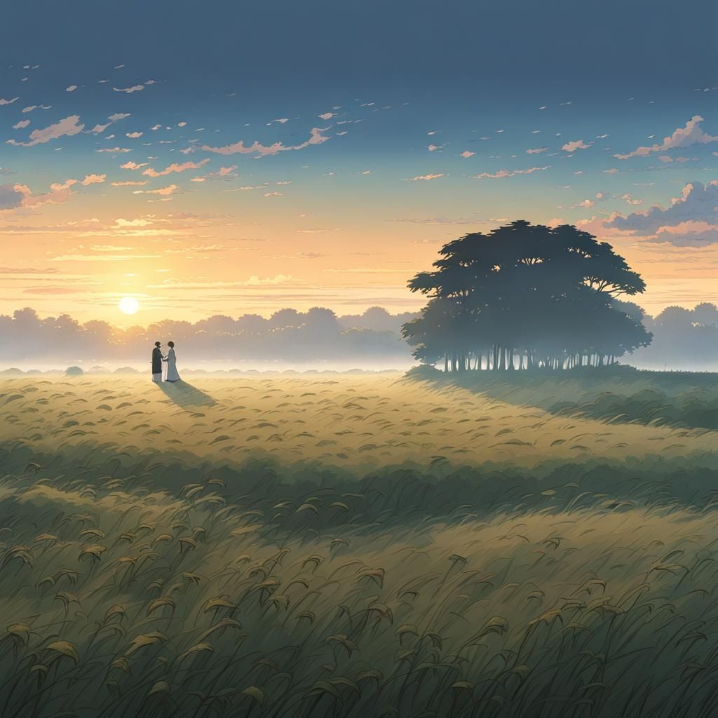 Anime Sunrise Field Inspired by Studio Ghibli