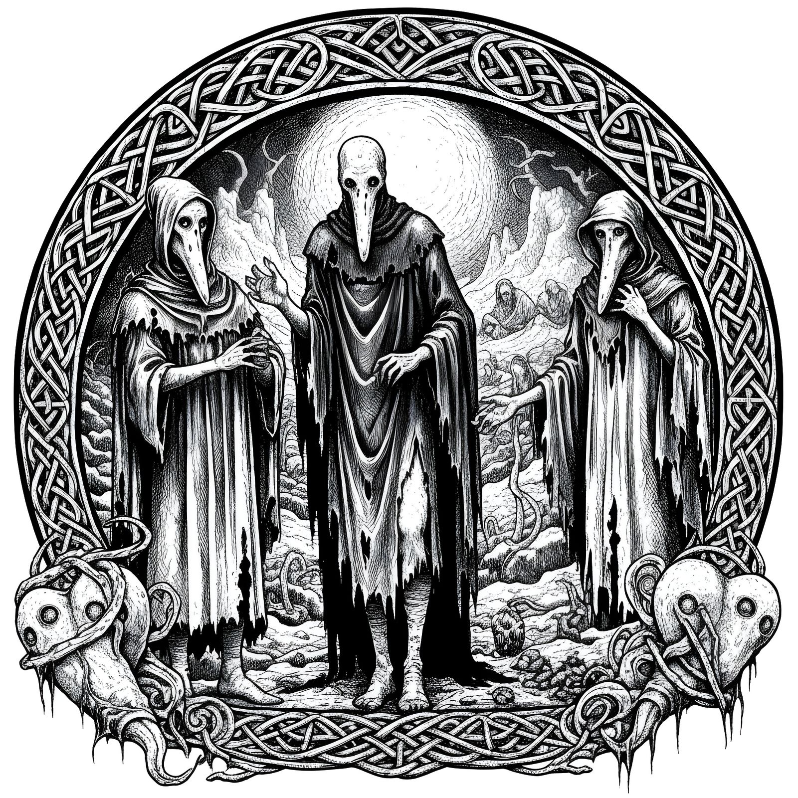 Hellish Plague with Medieval Celtic Patterns in Black and Wh...