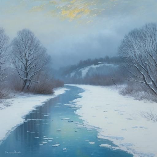 Snowy Riverbank Walker in Fauvist Expressionism