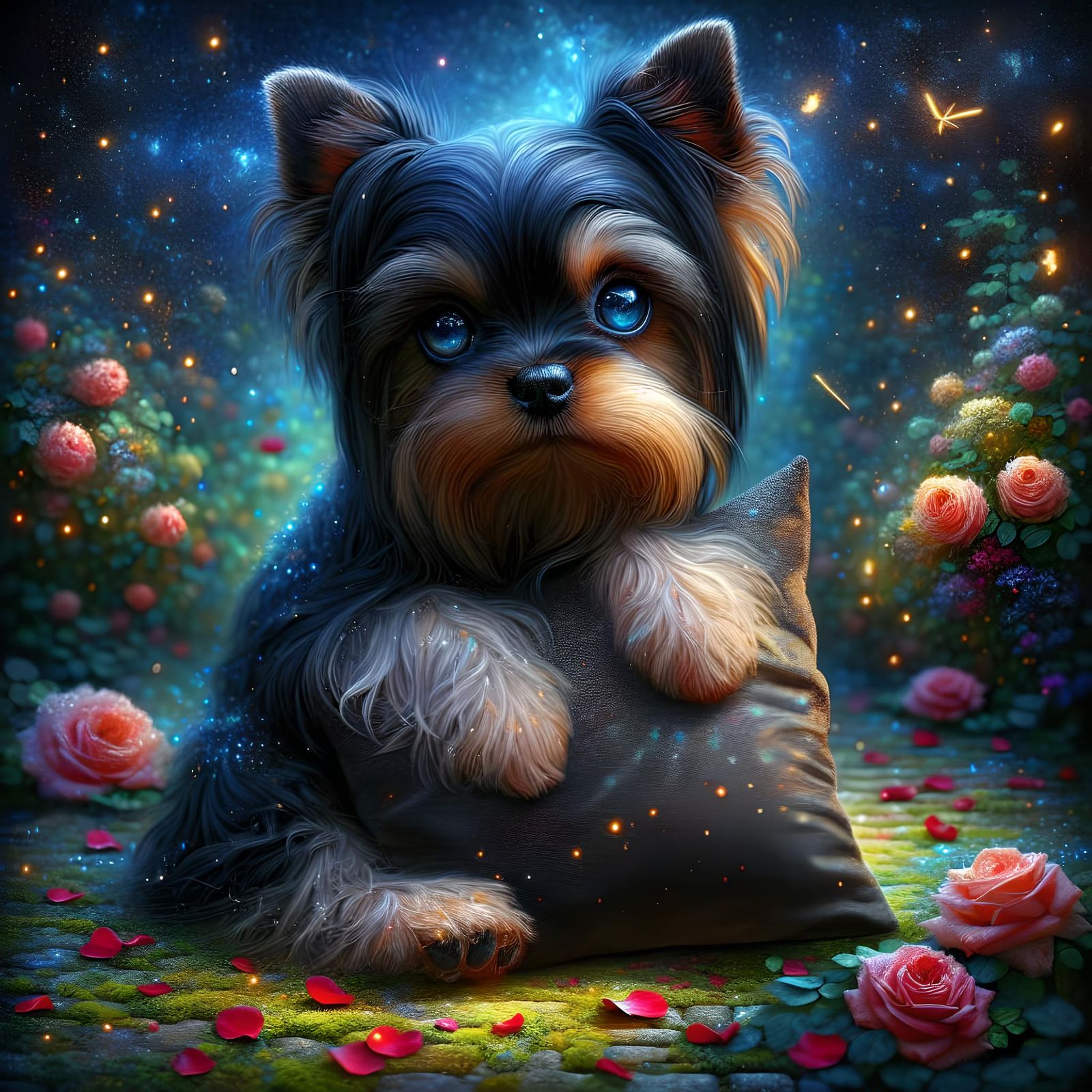 Melancholic Yorkshire Terrier in Starry Garden: Digital Art