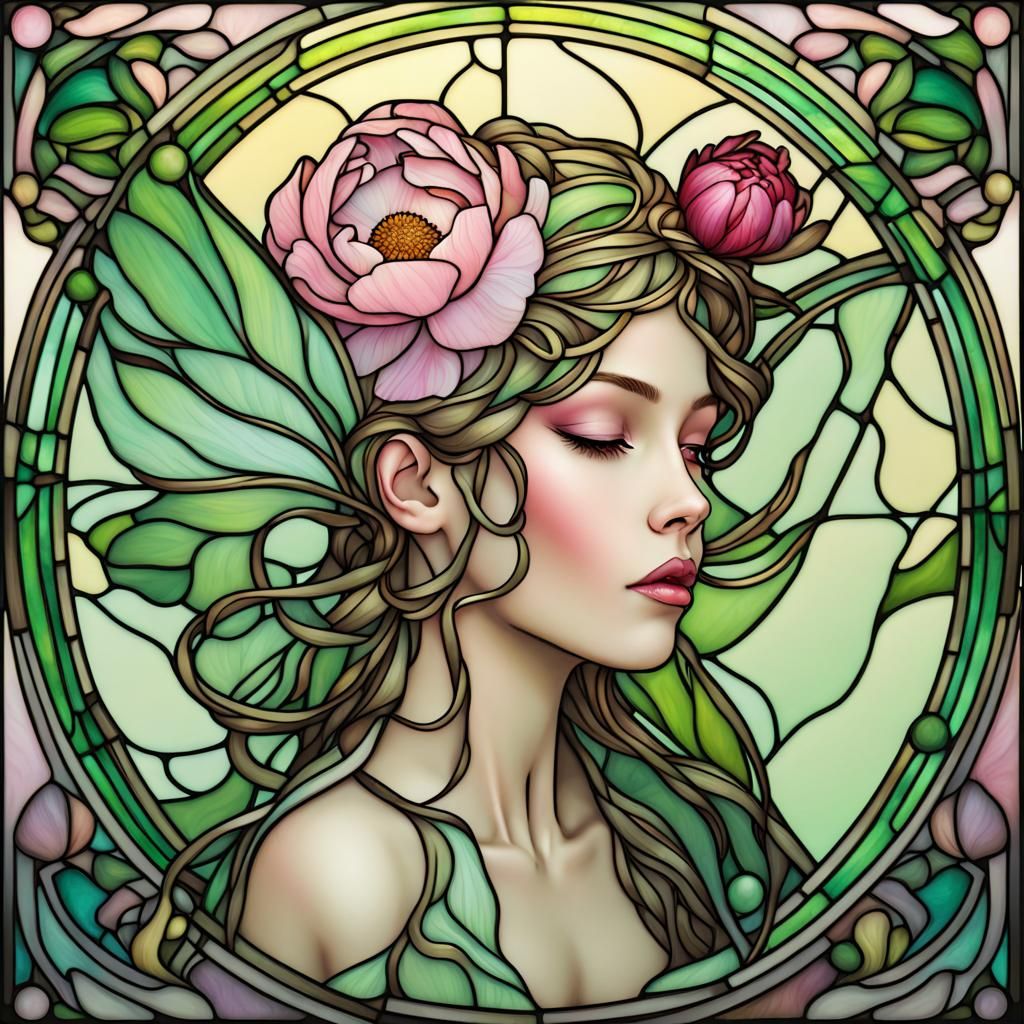 Art Nouveau Fairy in Stained Glass with Peonies