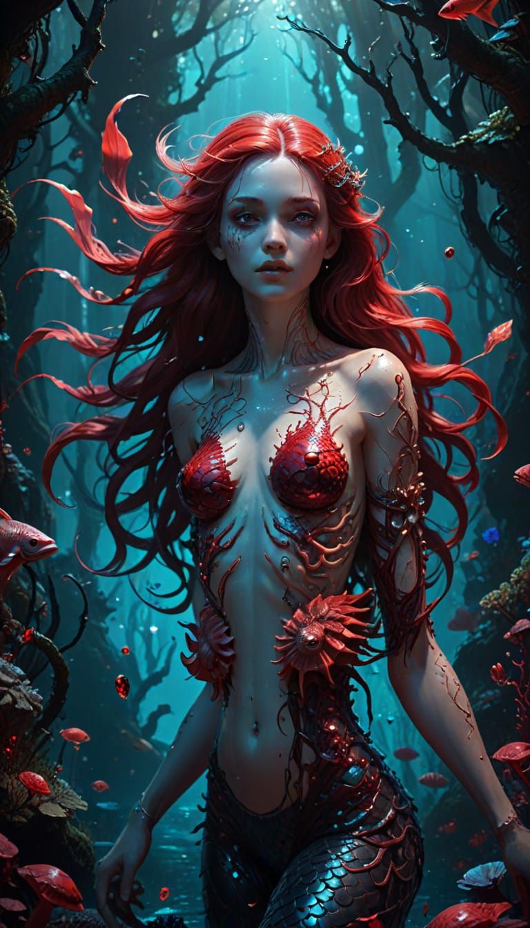 Spectral Mermaid in Bioluminescent Forest, Digital Painting